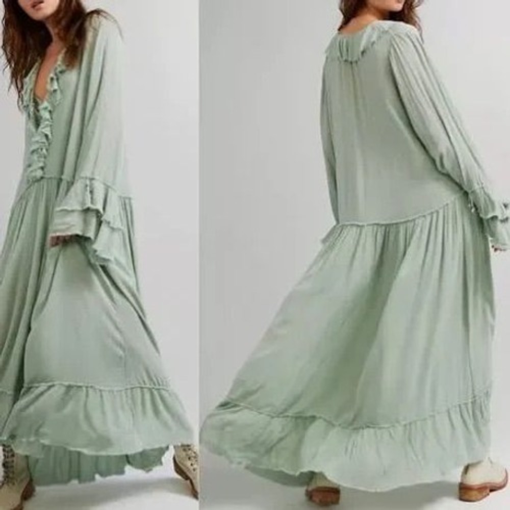 Free People Sweet Darlin Maxi Dress Sage Green Ruffle V-Neck Boho Tiered Medium